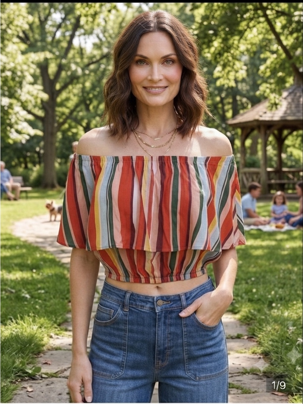 SHORE Off-Shoulder Multi-Stripe Crop Top - Red Multi